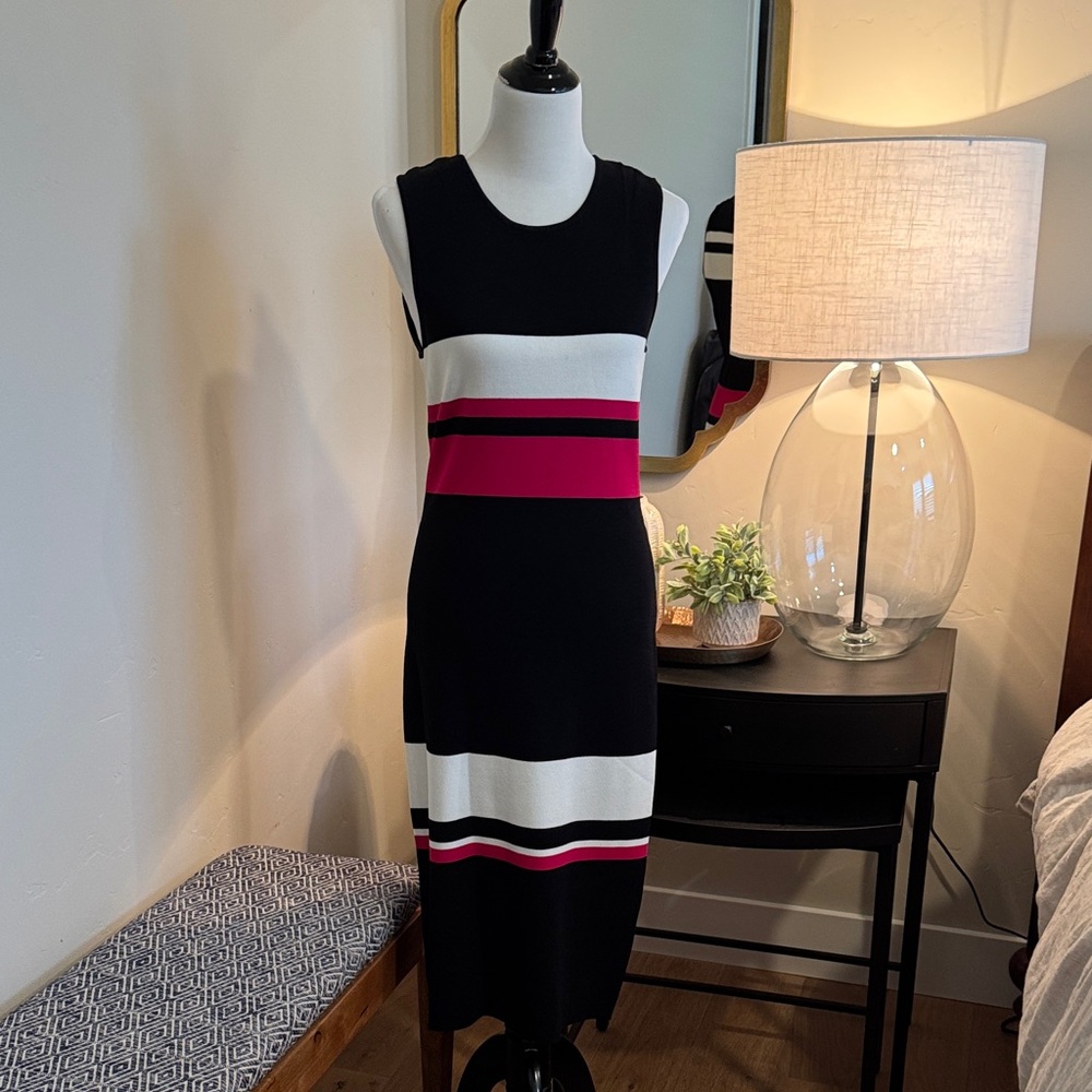 Vince Camuto Black Dress with Pink and White Stripes
